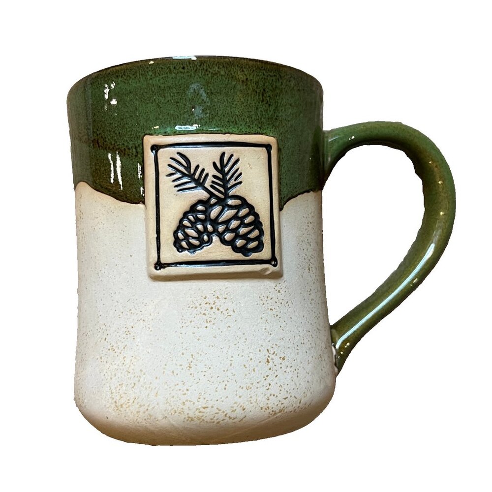 UP NORTH Pine cone Cape Shore Mug Ceramic Green Outdoorsy Cabin Northwoods Earth